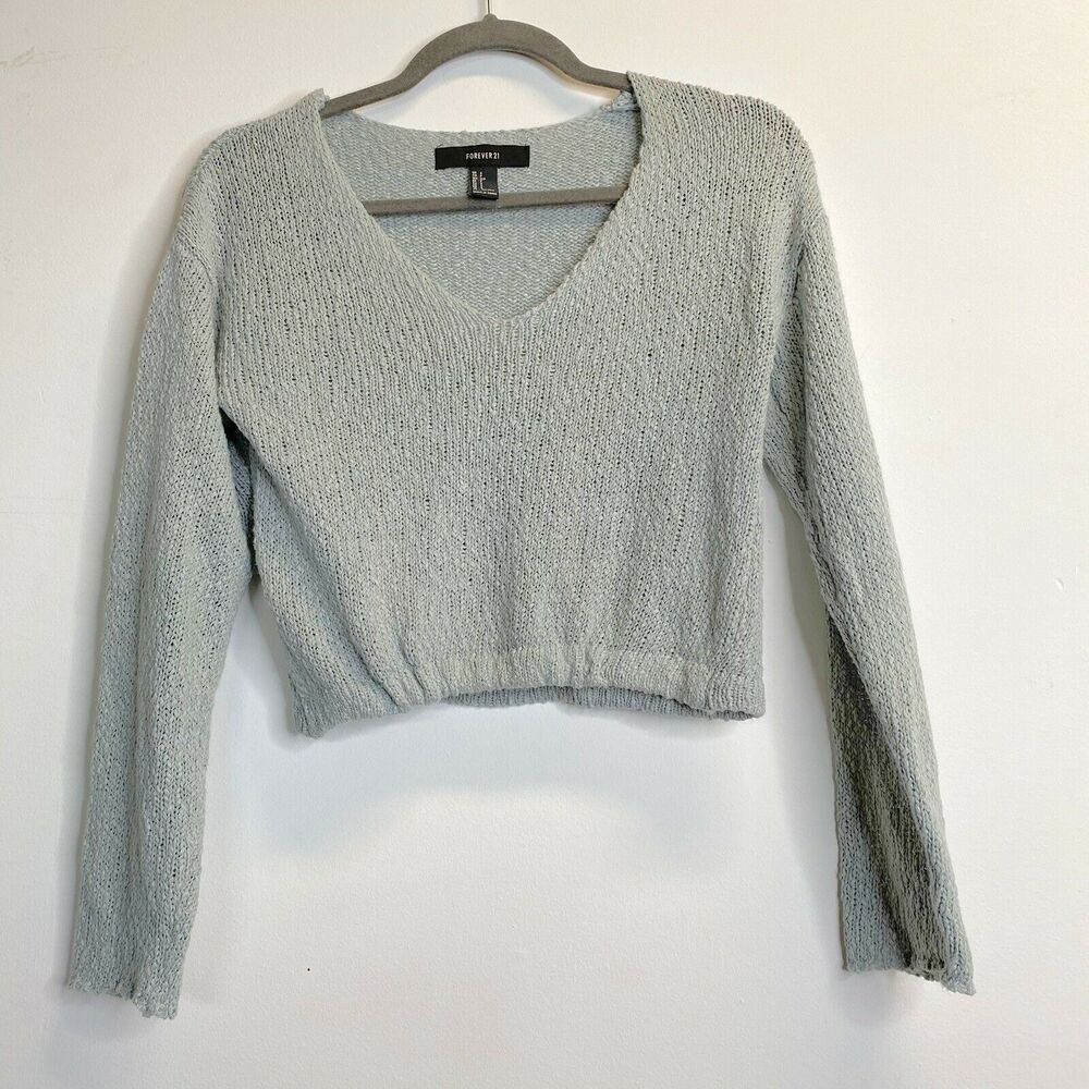 Forever 21 Cropped Long Sleeve Top elastic hem v neck blue green sz Small